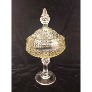 Vintage Indiana Glass Diamond Point Pedestal Lidded Compote Candy Dish
